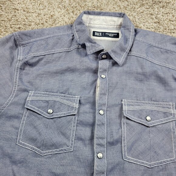 BKE Pearl Snap Shirt Mens Medium Blue Long Sleeve Athletic Fit Western Cowboy - Picture 3 of 8